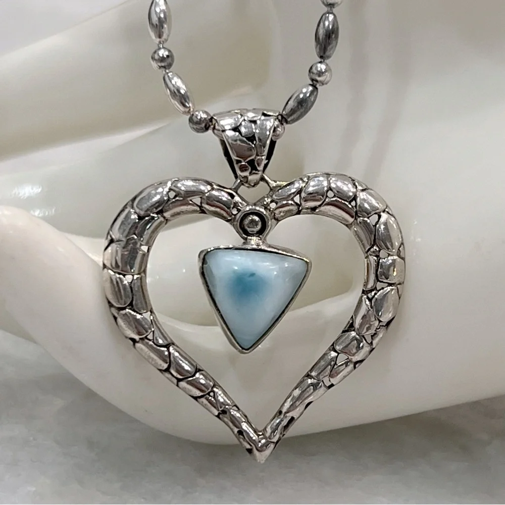 Larimar Pebbled Sterling Silver Heart Pendant 20” Necklace
